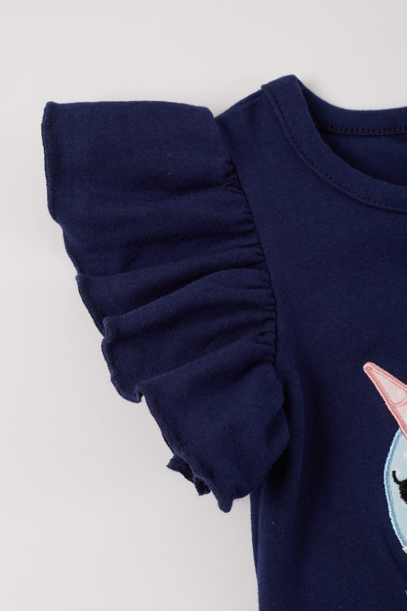 Honey Bean Navy Whale Applique Ruffle Romper