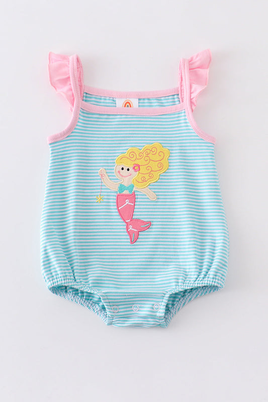 Abby & Evie Blue Stripped Mermaid Embroidery Ruffle Romper