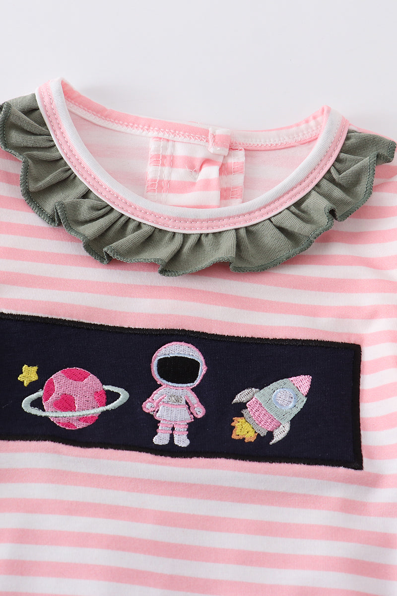 Honey Bean Pink Astronaut Embroidery Romper