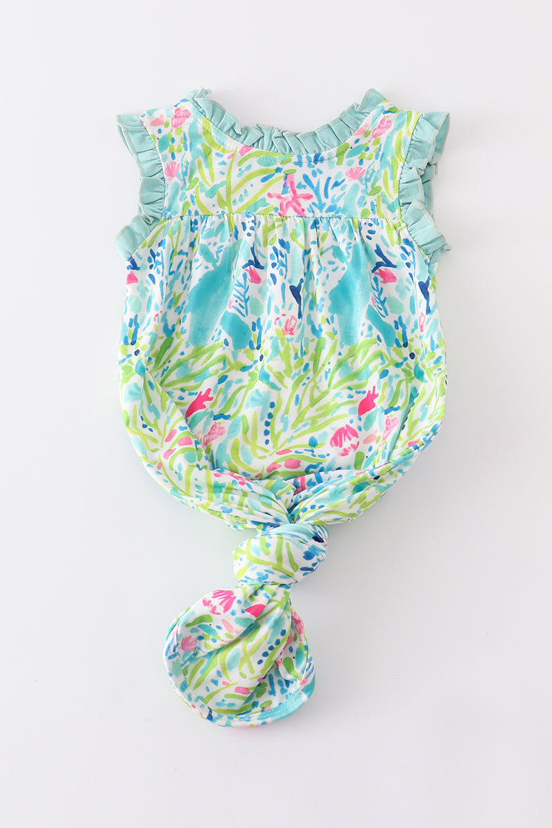 Abby & Evie Green Lily Print Ruffle Baby Gown