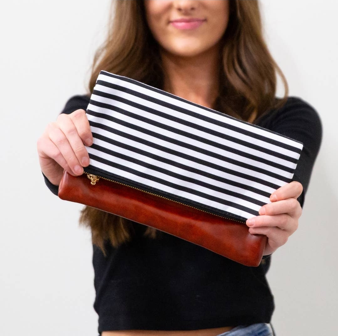 Classic Black/White Stripe Fold Over Clutch