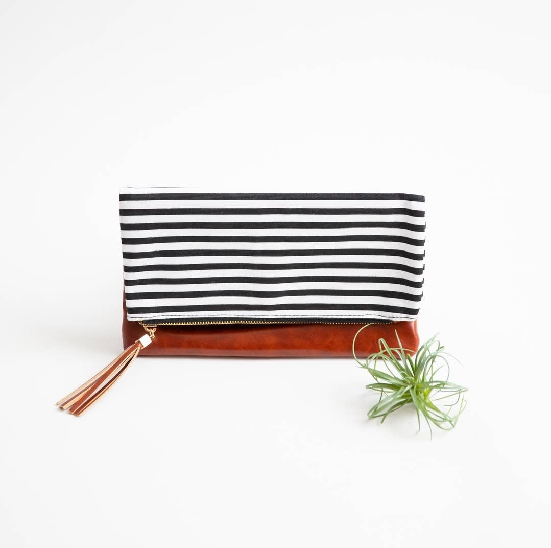 Classic Black/White Stripe Fold Over Clutch