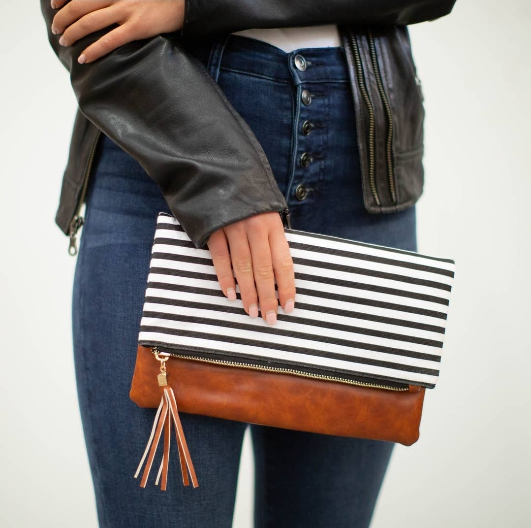 Classic Black/White Stripe Fold Over Clutch